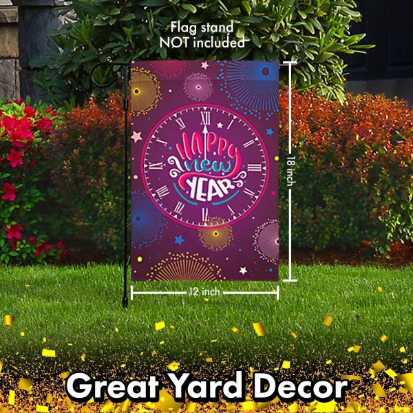 G128 - Happy New Year Garden Flag, New Year Themed Decorations - Clock Striking Midnight,  | 12x18 Inch | Printed 150D Polyester - Rustic Holiday Seasonal Outdoor Flag - Image 6