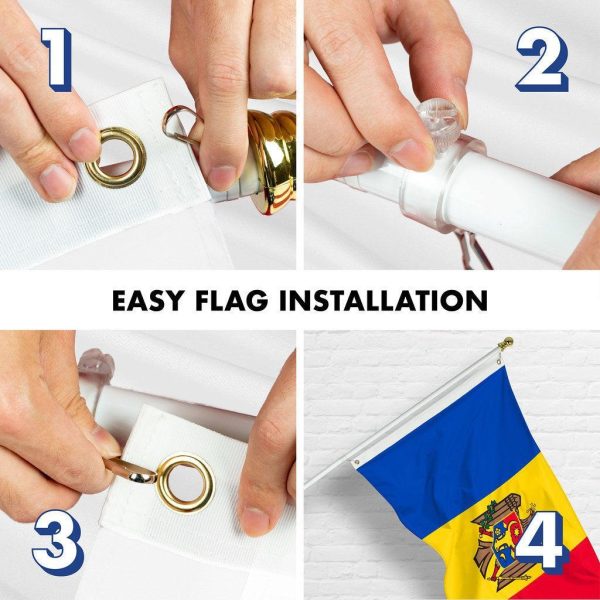 G128 Combo Pack: 6 Ft Tangle Free Spinning Flagpole (White) & Moldova Flag 3x5 Ft Printed 150D Polyester, Brass Grommets (Flag Included) Aluminum Flag Pole - Image 7