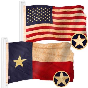 G128 Combo Pack: American USA Tea-Stained Flag 3x5 Ft & Texas Tea-Stained Flag 3x5 Ft | Both ToughWeave Pro Series Embroidered 420D Polyester, Embroidered Design, Indoor/Outdoor, Brass Grommets