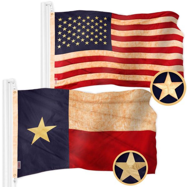 G128 Combo Pack: American USA Tea-Stained Flag 3x5 Ft & Texas Tea-Stained Flag 3x5 Ft | Both ToughWeave Pro Series Embroidered 420D Polyester, Embroidered Design, Indoor/Outdoor, Brass Grommets