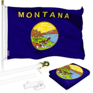 G128 Combo Pack: 6 Ft Tangle Free Spinning Flagpole (White) & Montana Flag 3x5 Ft Printed 150D Polyester, Brass Grommets (Flag Included) Aluminum Flag Pole