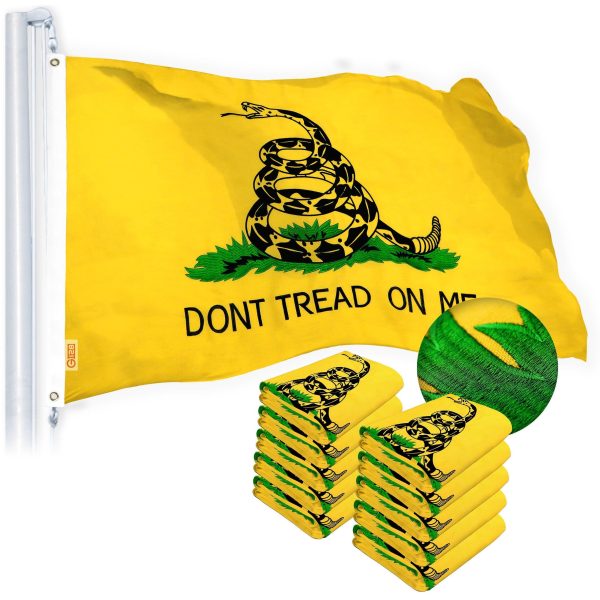G128 Dont Tread on Me (Gadsden) Flag 2.5x4 feet 10-Pack Heavy Duty Spun Polyester 220GSM Embroidered Tough, Durable, Indoor/Outdoor, Vibrant Colors, Brass Grommets