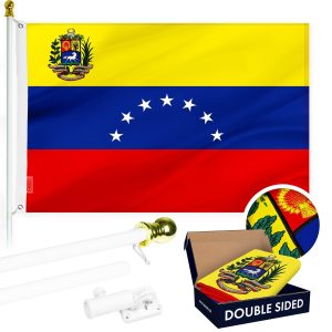 G128 Combo Pack: 6 Ft Tangle Free Aluminum Spinning Flagpole (White) & Venezuela 7 Stars Venezuelan Flag 3x5 Ft, ToughWeave Series Double Sided Embroidered 210D Polyester | Pole with Flag Included