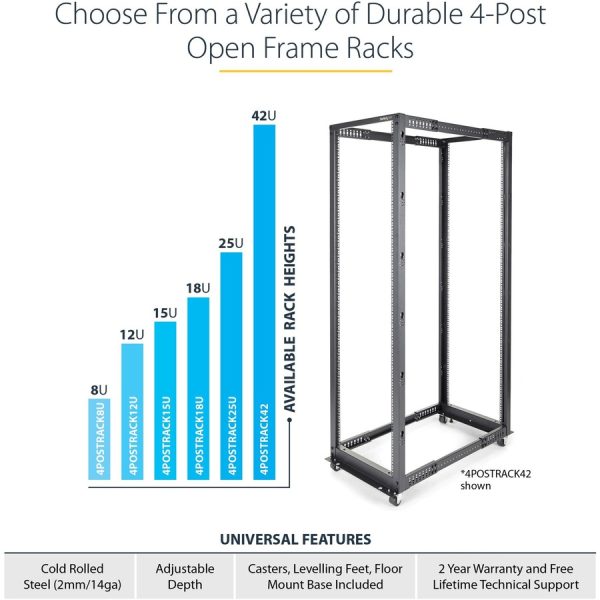 StarTech.com 4-Post 8U Mobile Open Frame Server Rack, 19in Network Rack with Casters, Small Rolling Rack for Computer/AV/Data/IT Equipment - Image 4