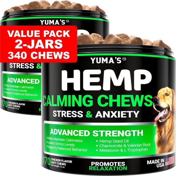 YUMA'S (2 Pack) Hemp Calming Chews for Dogs   Advanced Dog Calming Treats   Dog Calming Chews   340 Chews   Anxiety Relief Treats   Separation Aid Barking Stress Relief   Melatonin   Hemp Oil