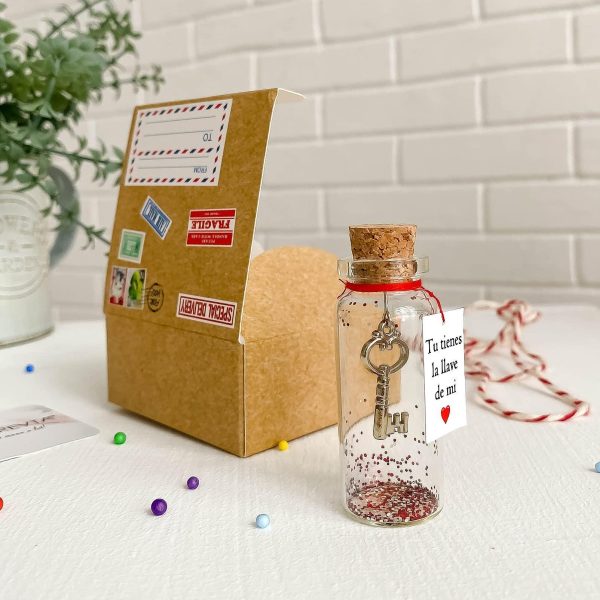 Mensaje romántico en una botella para regalar a tu novio o novia   Tarro de los deseos con una tarjeta para tu esposo o esposa (bottle in cute craft paper box Tu tienes la llave de mi corazón) - Image 6