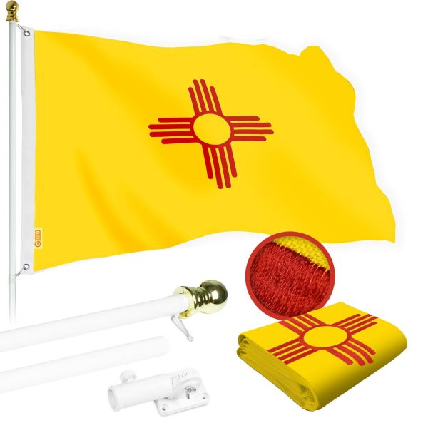G128 Combo Pack: 5 Ft Tangle Free Spinning Flagpole (White) & New Mexico Flag 2x3 Ft Embroidered 220GSM Spun Polyester, Brass Grommets (Flag Included) Aluminum Flag Pole