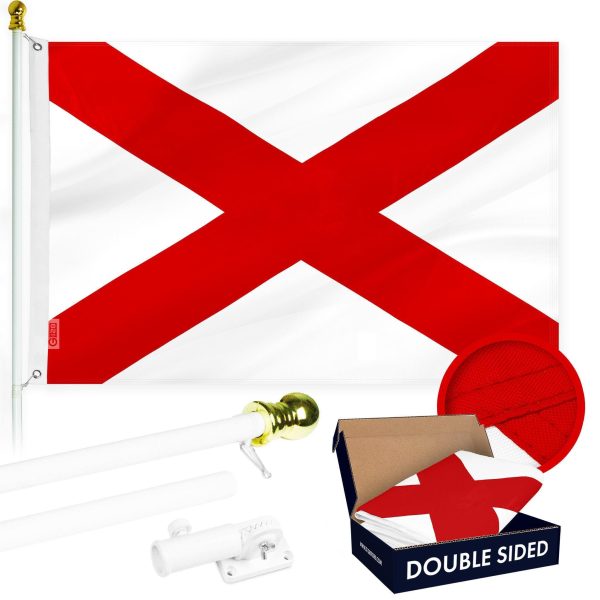 G128 Combo Pack: 6 Ft Tangle Free Aluminum Spinning Flagpole (White) & Alabama AL State Flag 3x5 Ft, Double ToughWeave Series Double Sided Embroidered 210D Polyester | Pole with Flag Included