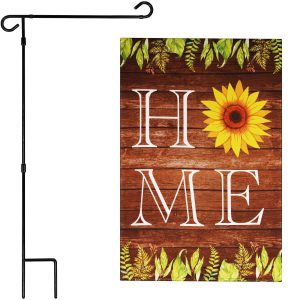 G128 Combo Pack: Garden Flag Stand Black 36 in x 16 in & Garden Flag Everyday Decoration Home Sunflower on Rustic Wood 12"x18" Double-Sided Blockout Fabric