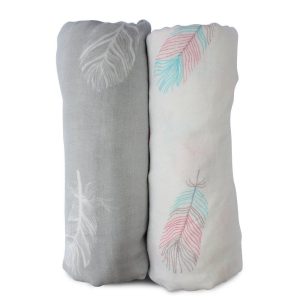 Muslin Swaddle Blankets Large Size   Soft Breathable Bamboo Cotton Prevents Overheating Set of 2 Gender Neutral Design   Nursing Cover Swaddling Blanket   Feather Print Boy Girl   Burp Cloth