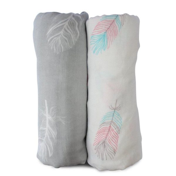 Muslin Swaddle Blankets Large Size   Soft Breathable Bamboo Cotton Prevents Overheating Set of 2 Gender Neutral Design   Nursing Cover Swaddling Blanket   Feather Print Boy Girl   Burp Cloth