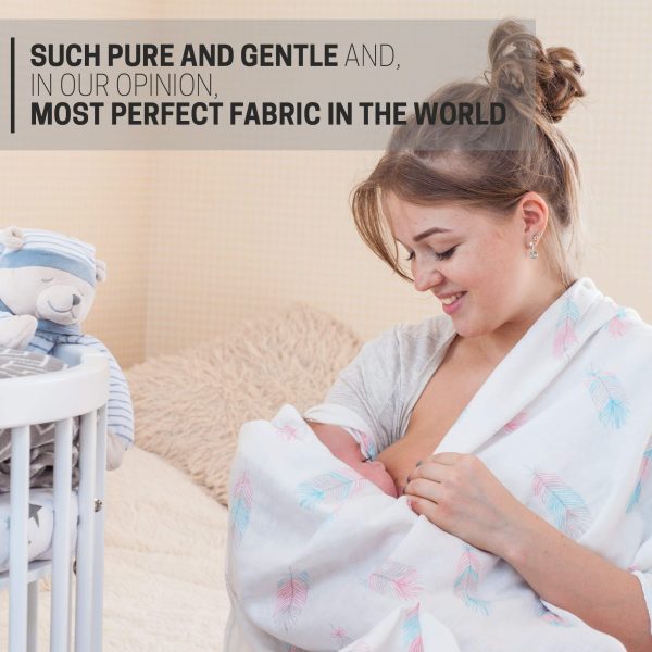 Muslin Swaddle Blankets Large Size   Soft Breathable Bamboo Cotton Prevents Overheating Set of 2 Gender Neutral Design   Nursing Cover Swaddling Blanket   Feather Print Boy Girl   Burp Cloth - Image 3
