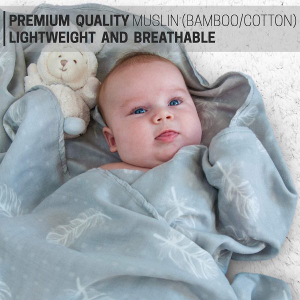 Muslin Swaddle Blankets Large Size   Soft Breathable Bamboo Cotton Prevents Overheating Set of 2 Gender Neutral Design   Nursing Cover Swaddling Blanket   Feather Print Boy Girl   Burp Cloth - Image 4