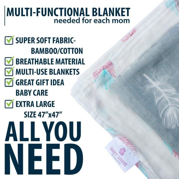 Muslin Swaddle Blankets Large Size   Soft Breathable Bamboo Cotton Prevents Overheating Set of 2 Gender Neutral Design   Nursing Cover Swaddling Blanket   Feather Print Boy Girl   Burp Cloth - Image 5