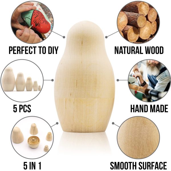 AEVVV Blank Russian Nesting Dolls Set 5 pcs   Unpainted Dolls   Unfinished Nesting Dolls   Russian Nesting Dolls to Paint   Blank Nesting Dolls   DIY Gift - Image 3