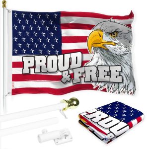 G128 Combo Pack: 6 Ft Tangle Free Aluminum Spinning Flagpole (White) & American USA Proud and Free Eagle Flag Flag 3x5 Ft, LiteWeave Pro Series Printed 300D Polyester | Pole with Flag Included