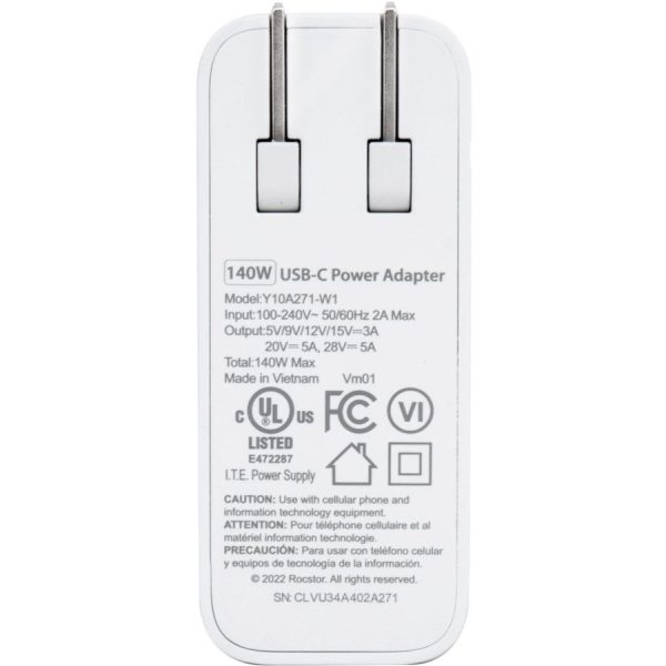 Rocstor 140W Smart USB-C™ Power Adapter AC Charger. Compatible with Apple® MacBook®, MacBook Air®, MacBook Pro® with Thunderbolt 3/4 (87W & 96W), MacBook Pro® 13" (61 & 67W), MacBook Pro® 14" 2021 and higher, MacBook Pro® 16" 2019, 2021 and higher. Chromebook®, Microsoft® Surface®, HP®, Lenovo® & Dell® Tablet & Laptop. Compatible with any USB-C-enabled Laptop device up to 140W - UL & FCC/CE Certified - GaN technology - White - Image 2