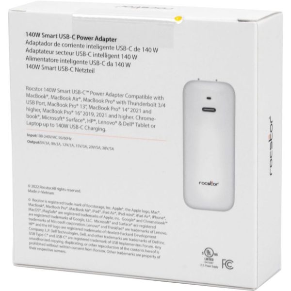 Rocstor 140W Smart USB-C™ Power Adapter AC Charger. Compatible with Apple® MacBook®, MacBook Air®, MacBook Pro® with Thunderbolt 3/4 (87W & 96W), MacBook Pro® 13" (61 & 67W), MacBook Pro® 14" 2021 and higher, MacBook Pro® 16" 2019, 2021 and higher. Chromebook®, Microsoft® Surface®, HP®, Lenovo® & Dell® Tablet & Laptop. Compatible with any USB-C-enabled Laptop device up to 140W - UL & FCC/CE Certified - GaN technology - White - Image 5