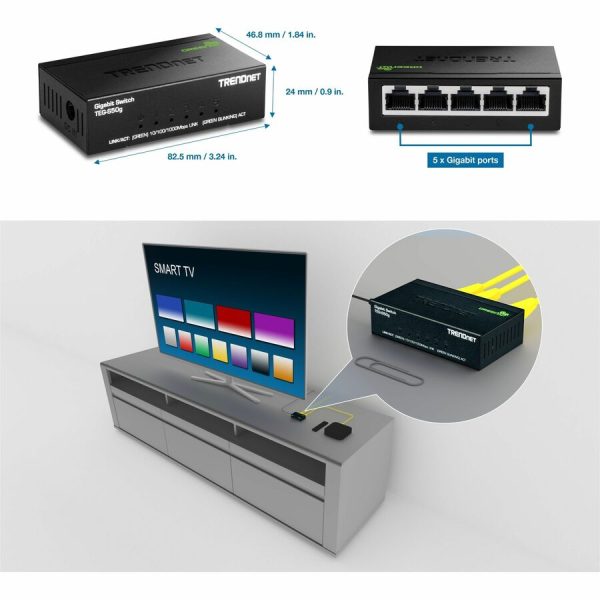 TRENDnet 5-Port Mini Gigabit Switch, TEG-S50g, GREENnet Technology, NDAA + TAA Compliant, Desktop Metal Ethernet Network Switch, 5 x Gigabit Ports, Fanless, Lifetime Protection, Black - Image 2