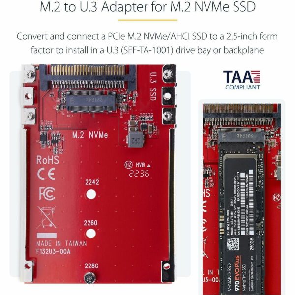 StarTech.com M.2 to U.3 Adapter, For M.2 NVMe SSDs, PCIe M.2 Drive to 2.5inch U.3 (SFF-TA-1001) Host Adapter/Converter, TAA Compliant - Image 2