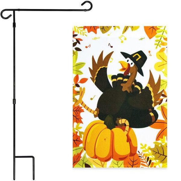 G128 Combo Pack: Garden Flag Stand Black 36x16 Inch & Garden Flag Pilgrim Turkey with Pumpkin 12x18 Inch