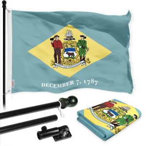 G128 Combo Pack: 6 Ft Tangle Free Spinning Flagpole (Black) & Delaware Flag 3x5 Ft Printed 150D Polyester, Brass Grommets (Flag Included) Aluminum Flag Pole