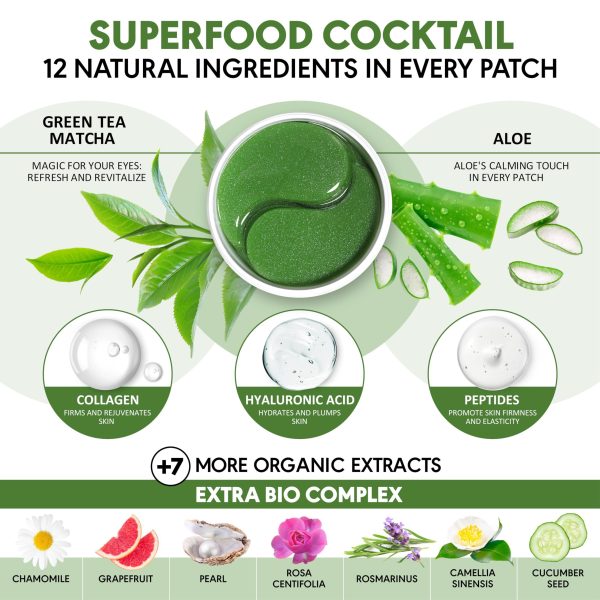 Green Tea Under Eye Patches for Wrinkles and Eye Bags   Eye Masks for Dark Circles and Puffiness with Collagen Hyaluronic Acid   Under Eye Mask for All Skin Types 30 Pairs - Image 2