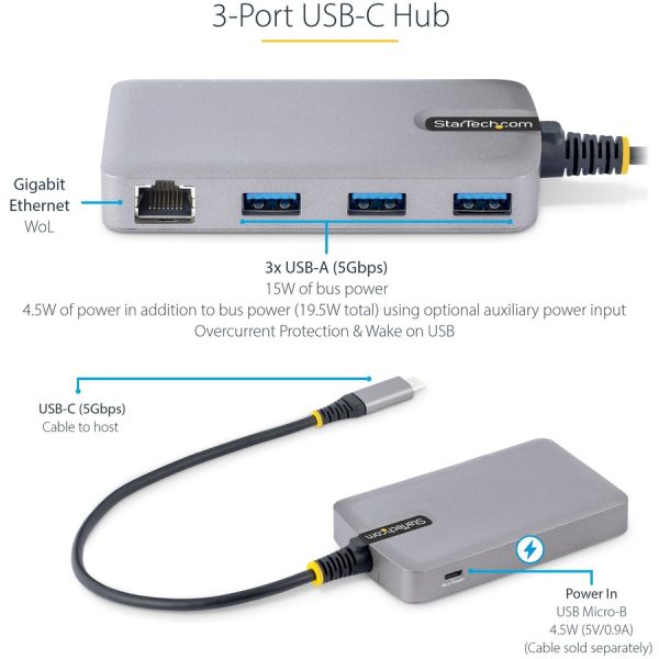 StarTech.com 3-Port USB-C Hub with Ethernet, 3x USB-A Ports, GbE, 5Gbps, Bus-Powered, 1ft/30cm Cable, Portable USB Type-C Expansion Hub - Image 2