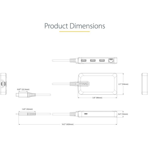 StarTech.com 3-Port USB-C Hub with Ethernet, 3x USB-A Ports, GbE, 5Gbps, Bus-Powered, 1ft/30cm Cable, Portable USB Type-C Expansion Hub - Image 3