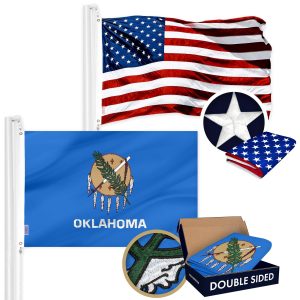 G128 Combo Pack: American USA Flag ToughWeave Series 3x5 Ft Single Sided & Oklahoma OK State Flag Double Sided 3x5 Ft Double ToughWeave Series | Both Embroidered Polyester, Brass Grommets