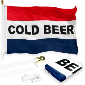 G128 Combo Pack: 6 Feet Tangle Free Spinning Flagpole (White) Cold Beer Flag 3x5 ft Printed 150D Brass Grommets (Flag Included) Aluminum Flag Pole