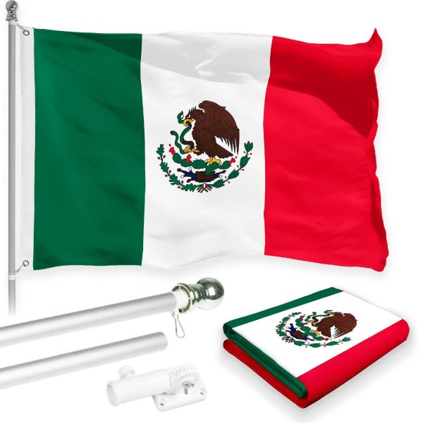 G128 Combo Pack: 5 Ft Tangle Free Aluminum Spinning Flagpole (Silver) & Mexico Mexican Flag 2x3 Ft, LiteWeave Pro Series Printed 150D Polyester | Pole with Flag Included