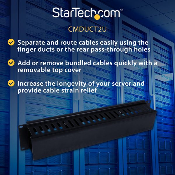 StarTech.com 2U Horizontal Finger Duct Rack Cable Management Panel with Cover - Image 6