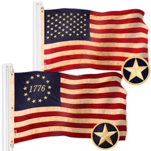 G128 Combo Pack: American USA Tea-Stained Flag 5x8 Ft & 1776 Tea-Stained Flag 5x8 Ft | Both ToughWeave Pro Series Embroidered 420D Polyester, Embroidered Design, Indoor/Outdoor, Brass Grommets