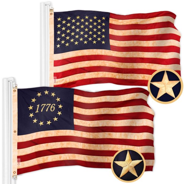G128 Combo Pack: American USA Tea-Stained Flag 5x8 Ft & 1776 Tea-Stained Flag 5x8 Ft | Both ToughWeave Pro Series Embroidered 420D Polyester, Embroidered Design, Indoor/Outdoor, Brass Grommets