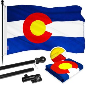 G128 Combo Pack: 5 Ft Tangle Free Aluminum Spinning Flagpole (Black) & Colorado CO State Flag 2.5x4 Ft, ToughWeave Series Embroidered 300D Polyester | Pole with Flag Included