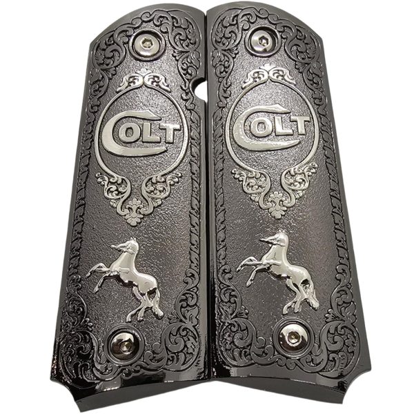Full Size 1911 Metal Grips Panels Black with Nickel Accents Rampant Horse Design Compatible with Colt 1911 Government Models and Clones - Image 4