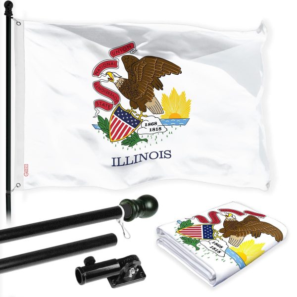 G128 Combo Pack: 6 Ft Tangle Free Spinning Flagpole (Black) & Illinois Flag 3x5 Ft Printed 150D Polyester, Brass Grommets (Flag Included) Aluminum Flag Pole