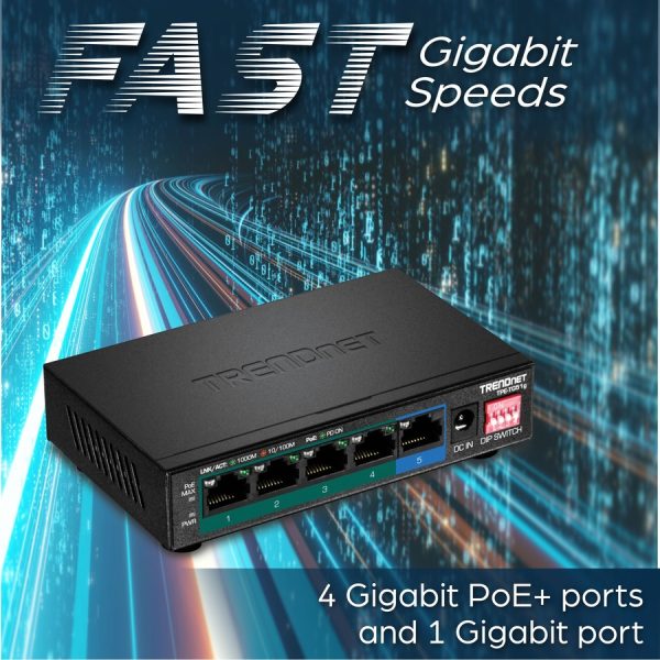 TRENDnet 5-Port Gigabit PoE+ Switch, Camera DIP Switch extends PoE+ 200m (656 ft.), 60W PoE Budget, Black, TPE-TG51g - Image 2