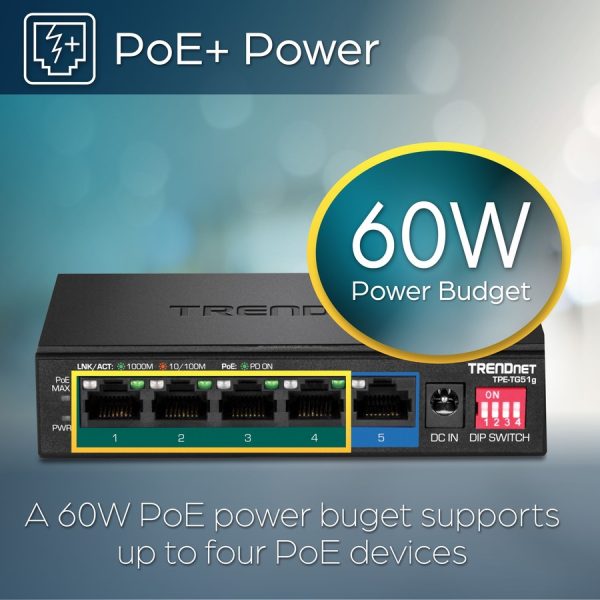 TRENDnet 5-Port Gigabit PoE+ Switch, Camera DIP Switch extends PoE+ 200m (656 ft.), 60W PoE Budget, Black, TPE-TG51g - Image 3