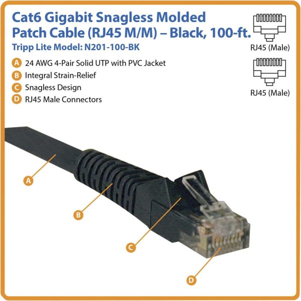 Eaton Tripp Lite Series Cat6 Gigabit Snagless Molded (UTP) Ethernet Cable (RJ45 M/M), PoE, Black, 100 ft. (30.5 m) - Image 2
