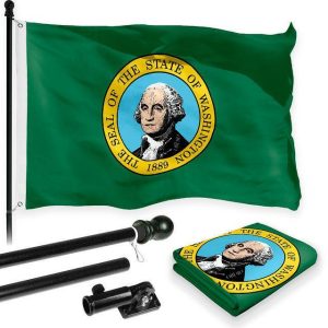 G128 Combo Pack: 6 Feet Tangle Free Spinning Flagpole (Black) Washington WS State Flag 3x5 ft Printed 150D Brass Grommets (Flag Included) Aluminum Flag Pole