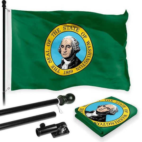 G128 Combo Pack: 6 Feet Tangle Free Spinning Flagpole (Black) Washington WS State Flag 3x5 ft Printed 150D Brass Grommets (Flag Included) Aluminum Flag Pole
