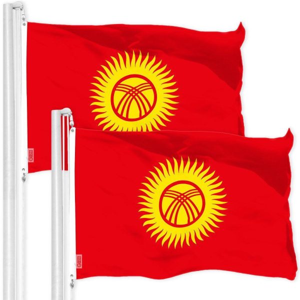 G128 2 Pack: Kyrgyzstan Kyrgyz Flag | 3x5 Ft | LiteWeave Pro Series Printed 150D Polyester | Country Flag, Indoor/Outdoor, Vibrant Colors, Brass Grommets, Thicker and More Durable Than 100D 75D Poly