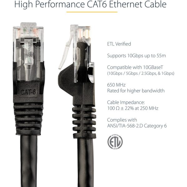 StarTech.com 15ft CAT6 Ethernet Cable - Black Snagless Gigabit - 100W PoE UTP 650MHz Category 6 Patch Cord UL Certified Wiring/TIA - Image 3
