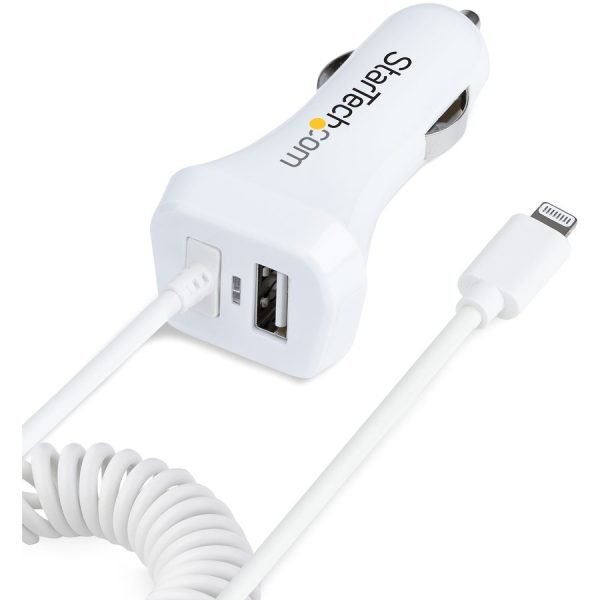 StarTech.com Lightning Car Charger with Coiled Cable, 1m Built-in Cable, 12W, White, 2 Port USB Car Charger Adapter, In Car iPhone Charger - Image 2