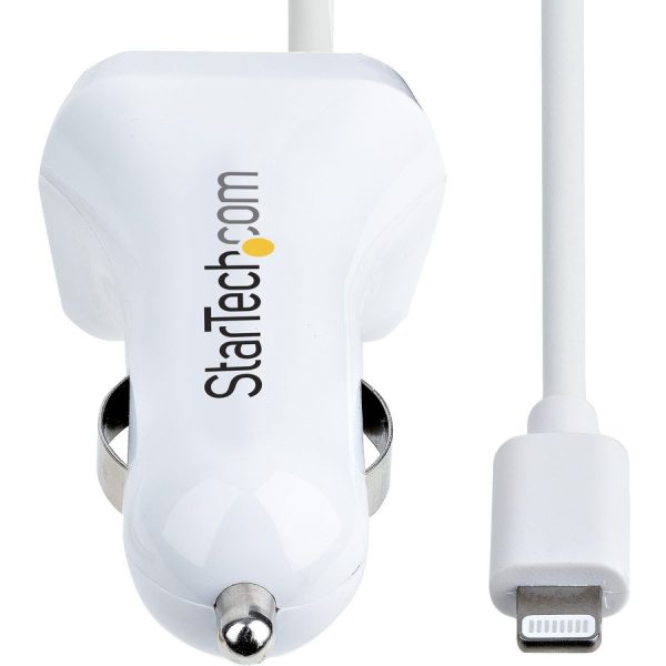 StarTech.com Lightning Car Charger with Coiled Cable, 1m Built-in Cable, 12W, White, 2 Port USB Car Charger Adapter, In Car iPhone Charger - Image 3