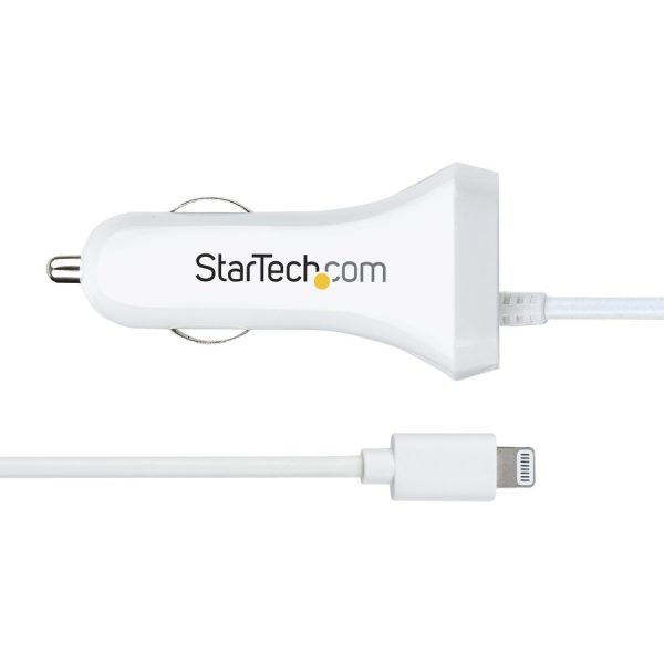 StarTech.com Lightning Car Charger with Coiled Cable, 1m Built-in Cable, 12W, White, 2 Port USB Car Charger Adapter, In Car iPhone Charger - Image 6