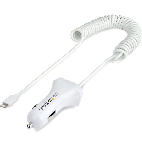 StarTech.com Lightning Car Charger with Coiled Cable, 1m Built-in Cable, 12W, White, 2 Port USB Car Charger Adapter, In Car iPhone Charger - Image 8