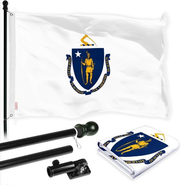G128 Combo Pack: 6 Ft Tangle Free Spinning Flagpole (Black) & Massachusetts Flag 3x5 Ft Printed 150D Polyester, Brass Grommets (Flag Included) Aluminum Flag Pole